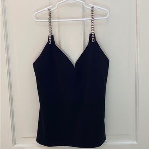 Black deep cut tank with faux diamond straps